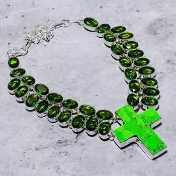 Ожерелье из стерлингового серебра 925 пробы с натуральной зеленой бирюзой и драгоценным камнем перидот, 18 дюймов v5B03