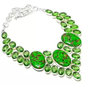 Ожерелье из стерлингового серебра 925 пробы с натуральной зеленой бирюзой и драгоценным камнем перидот, 18 дюймов t0r64