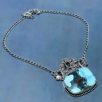 Ожерелье из стерлингового серебра 925 пробы с натуральной тибетской бирюзой и драгоценным камнем иолитом 18 дюймов C4Y38
