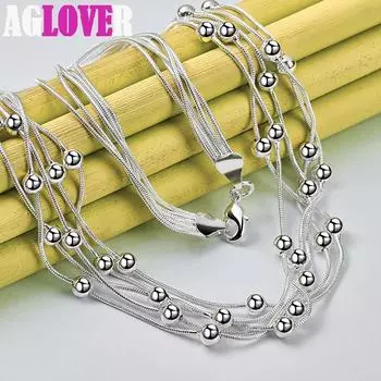 Ожерелье из стерлингового серебра 925 пробы с несколькими змеиными цепочками и гладкими бусинами, ювелирные изделия 45cm