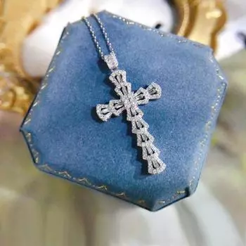 Ожерелье из стерлингового серебра 925 пробы с крестом для женщин, блестящая трапециевидная подвеска из циркона, цепочка-колье, короткая цепочка, ювелирные изделия 45cm серебряный