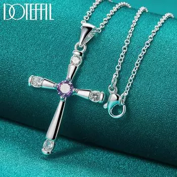 Ожерелье из стерлингового серебра 925 пробы с крестом и фиолетовым цирконом, свадебные модные украшения 45cm