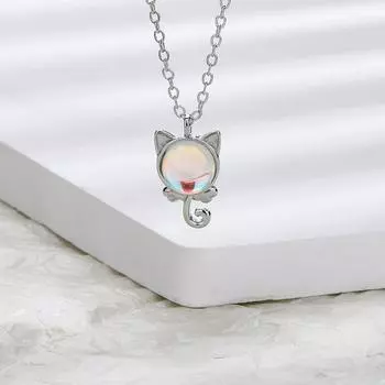 Ожерелье из стерлингового серебра 925 пробы с милым котом, ожерелье из лунного камня, женский кулон, японская и корейская сладкая и свежая цепочка на ключицу silver
