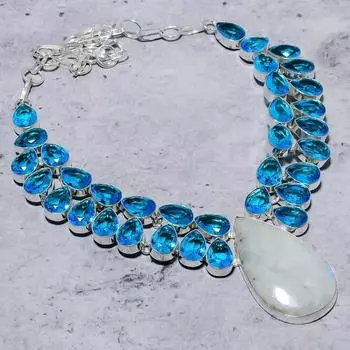 Ожерелье из стерлингового серебра 925 пробы с натуральным радужным лунным камнем и голубым топазом 18 дюймов m2U02