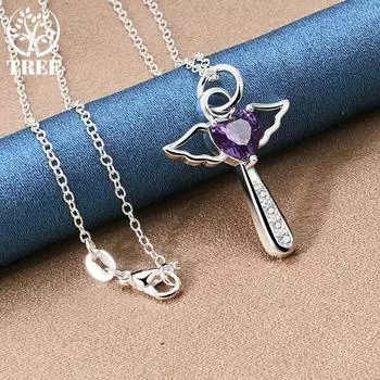 Ожерелье из стерлингового серебра 925 пробы с фиолетовым цирконом и крыльями ангела в форме сердца, свадебные модные украшения 45cm