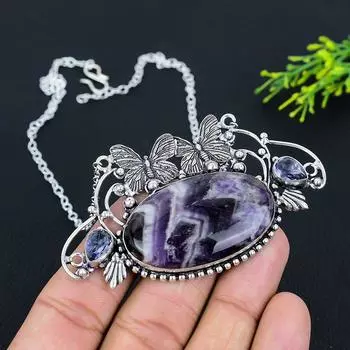 Ожерелье из стерлингового серебра 925 пробы с натуральным шевронным аметистом и драгоценным камнем иолитом 18 дюймов R7g54