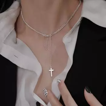 Ожерелье из стерлингового серебра 925 пробы, цепочка для свитера, женская уникальная модная цепочка на ключицу, ожерелье с кулоном в виде креста с кисточкой