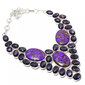 Ожерелье из стерлингового серебра 925 пробы с натуральным медным чароитом и аметистом 18 дюймов N8K74
