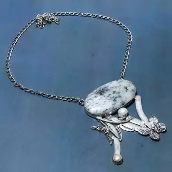 Ожерелье из стерлингового серебра 925 пробы с натуральным дендритовым опалом и жемчугом 18 дюймов g4S57