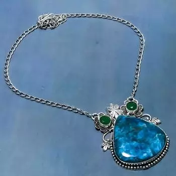 Ожерелье из стерлингового серебра 925 пробы с натуральным неоновым синим апатитом и нефритом, 18 дюймов U3s87
