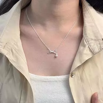 Ожерелье из стерлингового серебра 925 пробы с бантом из пресноводного жемчуга для женщин в Instagram, маленький и уникальный дизайн, милая, легкая роскошь и высококачественная цепочка на воротник Adjustable size