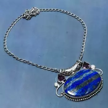 Ожерелье из стерлингового серебра 925 пробы с натуральным лазуритом и аметистом, 18 дюймов, N3D25