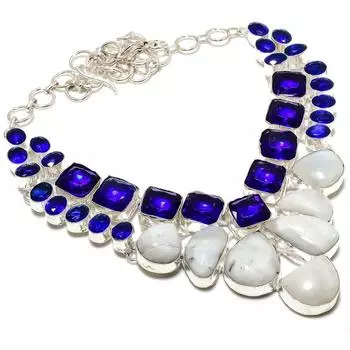 Ожерелье из стерлингового серебра 925 пробы с натуральным радужным лунным камнем и голубым топазом, 18 дюймов b5K09