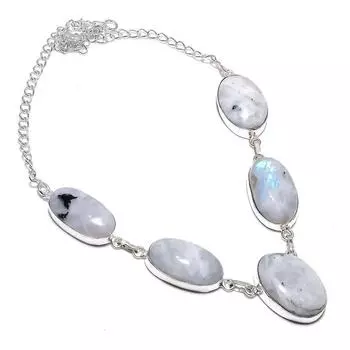 Ожерелье из стерлингового серебра 925 пробы с натуральным радужным лунным камнем 18 дюймов S0i83