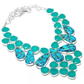 Ожерелье из стерлингового серебра 925 пробы с натуральным медным бирюзовым камнем и халцедоном 18 дюймов G8G11
