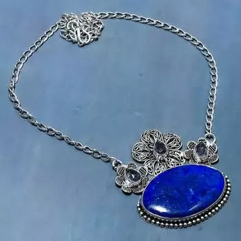 Ожерелье из стерлингового серебра 925 пробы с натуральным лазуритом и иолитом, 18 дюймов a9a29