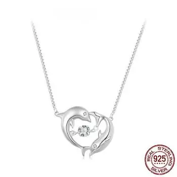 Ожерелье из стерлингового серебра 925 пробы с двойными дельфинами, блестящая циркониевая цепочка на шею Love для женщин, ювелирные украшения