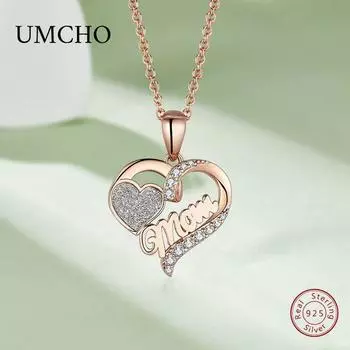 Ожерелье из стерлингового серебра 925 пробы с надписью «Mother Heart Double Love» 45 см с подвеской из розового золота и белого циркона розового золота