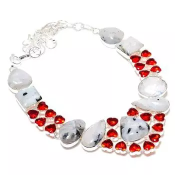 Ожерелье из стерлингового серебра 925 пробы с натуральным радужным лунным камнем и гранатом, 18 дюймов I0R32