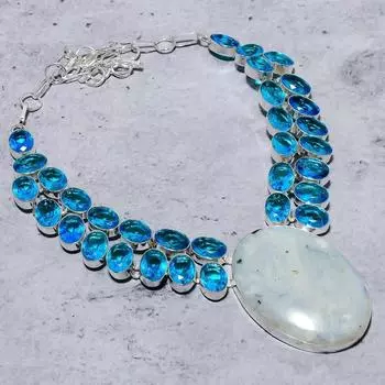 Ожерелье из стерлингового серебра 925 пробы с натуральным радужным лунным камнем и голубым топазом 18 дюймов M5y75