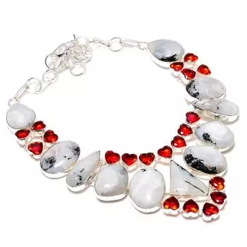 Ожерелье из стерлингового серебра 925 пробы с натуральным радужным лунным камнем и гранатом, 18 дюймов B6s01