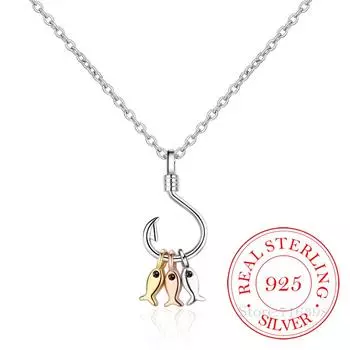 Ожерелье из стерлингового серебра 925 пробы для женщин, симпатичное ожерелье в виде рыбки и рыболовного крючка