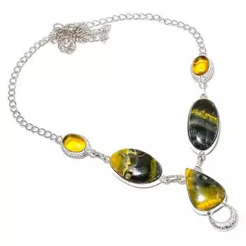 Ожерелье из стерлингового серебра 925 пробы с натуральной шмельной яшмой и цитрином, 18 дюймов I0B16