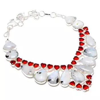 Ожерелье из стерлингового серебра 925 пробы с натуральным радужным лунным камнем и гранатом, 18 дюймов e7v67