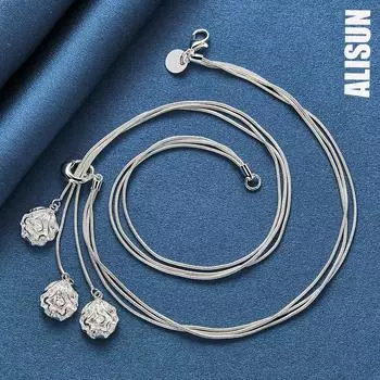 Ожерелье из стерлингового серебра 925 пробы с тремя розами в виде змеиной цепи, модный свадебный аксессуар 50CM