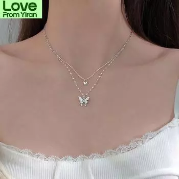Ожерелье из стерлингового серебра 925 пробы с блестящей бабочкой для женщин, двухслойное ожерелье с блестящей цепочкой на ключицу, ювелирные изделия S -N173