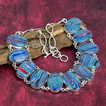 Ожерелье из стерлингового серебра 925 пробы Rainbow Calsilica с регулируемой цепочкой, ювелирное ожерелье ручной работы с драгоценными камнями, подарок для жены Adjustable with 18 inches синий