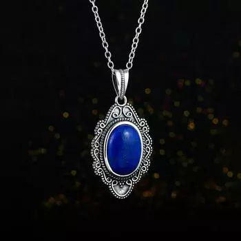 Ожерелье из стерлингового серебра 925 пробы, винтажные овальные подвески из лазурита, ожерелье, ювелирные изделия для женщин, подарки на день рождения, ювелирные украшения 45cm