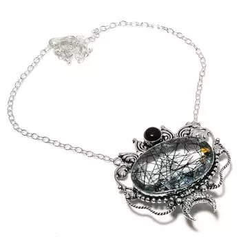 Ожерелье из стерлингового серебра 925 пробы с натуральным черным рутилом и ониксом, 18 дюймов, W9o19