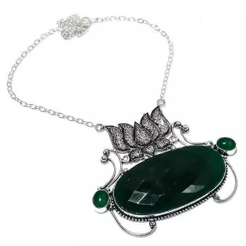 Ожерелье из стерлингового серебра 925 пробы с изумрудным натуральным ониксом 18 дюймов R9y33