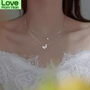 Ожерелье из стерлингового серебра 925 пробы с блестящей бабочкой и кисточкой, женский изысканный двухслойный кулон, цепочка на ключицы, ювелирные изделия для свадебной вечеринки 40cm золотой