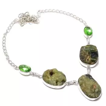 Ожерелье из стерлингового серебра 925 пробы с натуральным лабрадоритом и драгоценным камнем цаворит 18 дюймов Q6H61