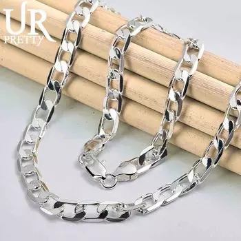 Ожерелье из стерлингового серебра 925 пробы с плоской боковой цепочкой 8 мм длиной 16/18/20/22/24 дюйма, модные свадебные украшения 40CM
