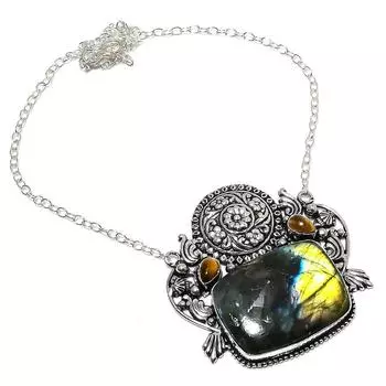 Ожерелье из стерлингового серебра 925 пробы с натуральным лабрадоритом и драгоценным камнем «Тигровый глаз», 18 дюймов R7D75