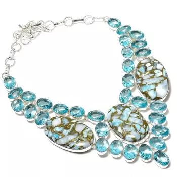 Ожерелье из стерлингового серебра 925 пробы с натуральным медным ларимаром и голубым топазом E5D01