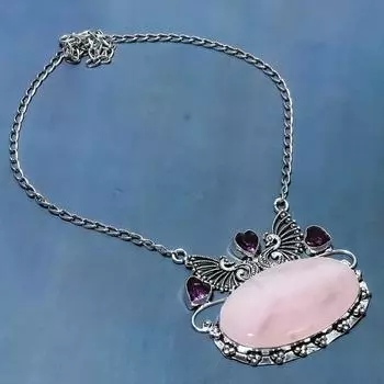 Ожерелье из стерлингового серебра 925 пробы с натуральным розовым кварцем и аметистом, 18 дюймов, H4k60
