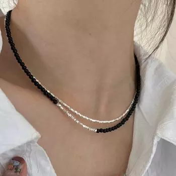 Ожерелье из стерлингового серебра 925 пробы с черными бусинами в квадратном нерегулярном стиле в стиле панк для женщин и девушек, ювелирные изделия в подарок