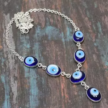 Ожерелье из стерлингового серебра 925 пробы с синим сглазом и драгоценным камнем ручной работы для нее 18 Inches синий