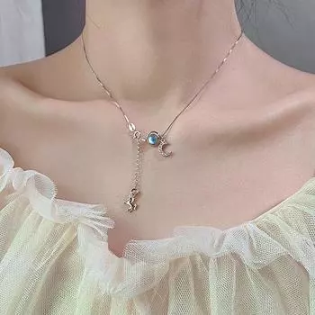 Ожерелье из стерлингового серебра S925 мечтательное ожерелье с единорогом из лунного камня, холодный ветер, богиня, веер, полный бриллиант, луна, звездное небо, кулон, цепочка на ключицу