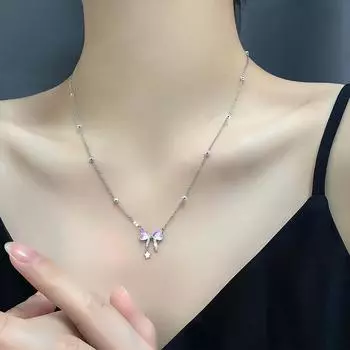 Ожерелье из стерлингового серебра S925 с высококачественным супер-сверкающим бриллиантом и звездным бантом, ожерелье из сладкой и красочной любви, лунный свет, каменный замок, костяная цепочка silver