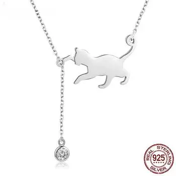 Ожерелье из стерлингового серебра S925 с изображением кошки, милое серебряное ожерелье с кулоном в виде кошки, ожерелье с ключицей для женщин, 3 цвета
