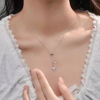 Ожерелье из стерлингового серебра S925 со звездным светом, высококачественное темпераментное ожерелье с асимметричной звездой и кисточкой на ключице, ожерелье с бриллиантами и четырехконечной звездой silver