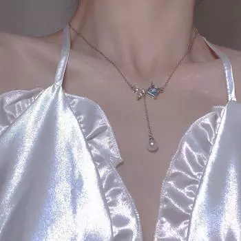 Ожерелье из стерлингового серебра S925 в корейском стиле, нежный темперамент, цепочка на ключицу «рыбий хвост», милое девичье сердце, ожерелье с синим цирконием и жемчугом-бабочкой