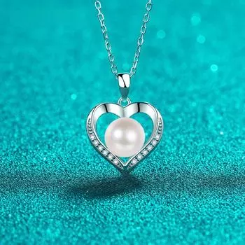 Ожерелье из стерлингового серебра с натуральным пресноводным жемчугом и сертификатом в форме сердца, подвеска из блестящего муассанита, женское ожерелье, подарочные ювелирные изделия 45cm