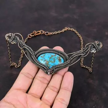 Ожерелье из тибетской бирюзы, ожерелье из медной проволоки, ювелирные изделия из меди с драгоценными камнями, регулируемое ожерелье из цепочки, ожерелье ручной работы, подарок для женщин