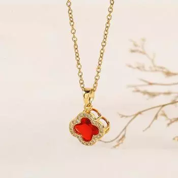 Ожерелье из титановой стали с красным кристаллом и четырьмя листочками клевера, модное ожерелье с красной темперой на ключицу, женское ожерелье с счастливой травой красный